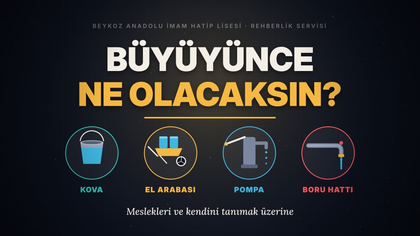 Büyüyünce Ne Olacaksın? – Kariyer Planlama kapak görseli: kova, el arabası, pompa ve boru hattı simgeleri