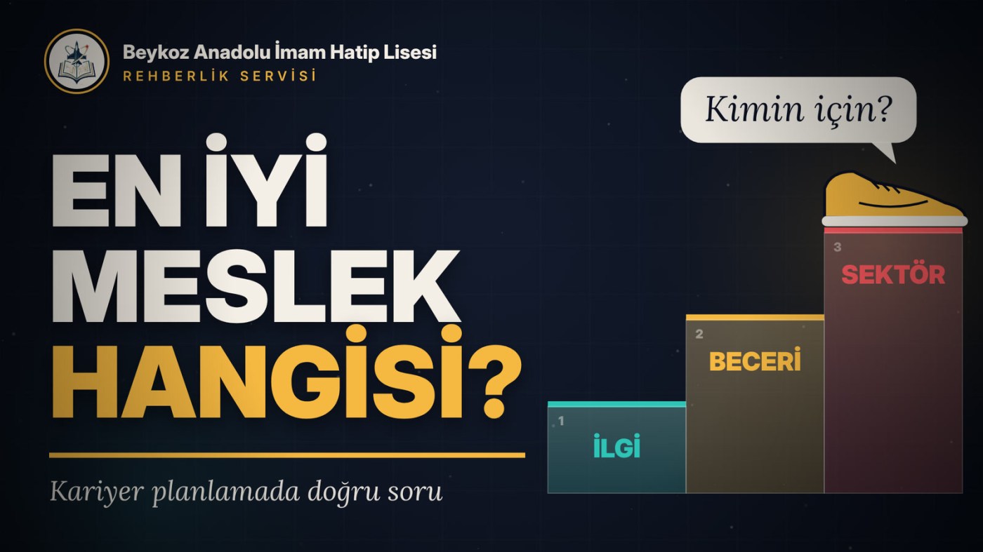 En İyi Meslek Hangisi? – Kariyer planlamada doğru soru: İlgi, Beceri ve Sektör basamaklarından oluşan merdiven, en üst basamakta bir ayakkabı ve "Kimin için?" baloncuğu